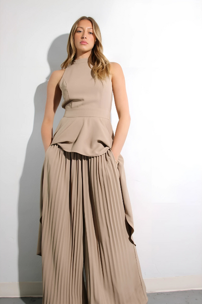 Escape to Milan Taupe Pleated Pants Set