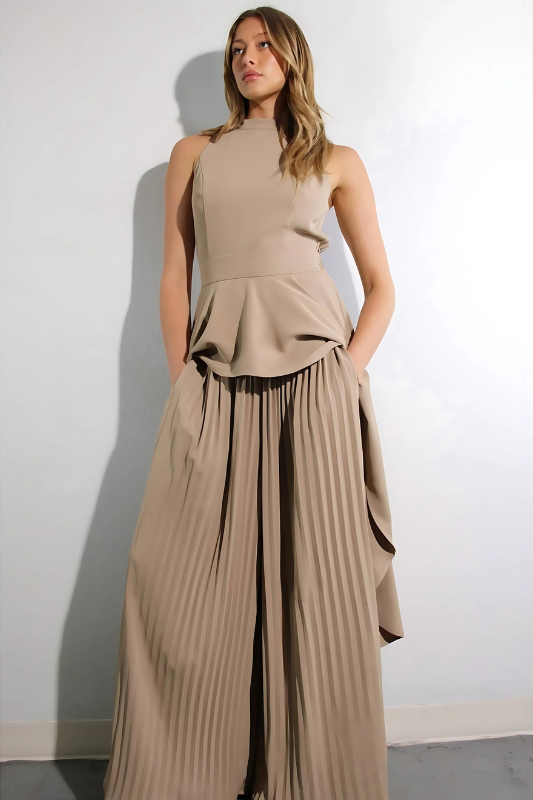 Escape to Milan Taupe Pleated Pants Set