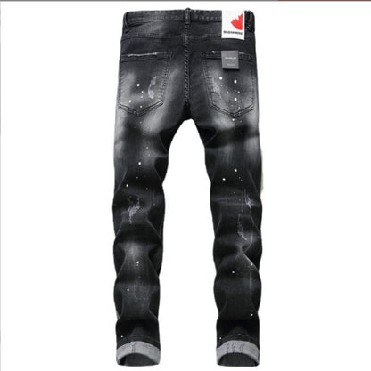 Black And Gray Paint Hole Zipper Decorations Personality Jeans Men