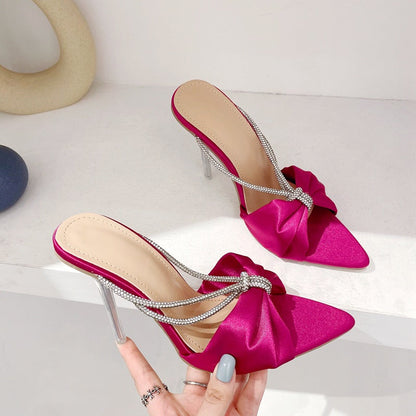 Rhinestone Bow Pointed High Heels - Convenient store