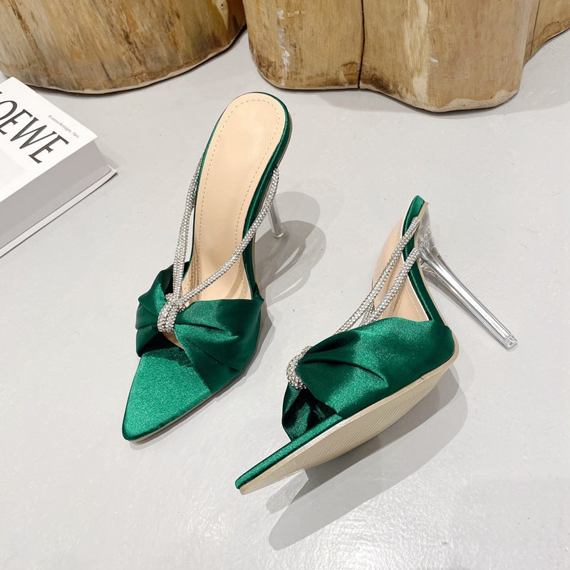 Rhinestone Bow Pointed High Heels - Convenient store
