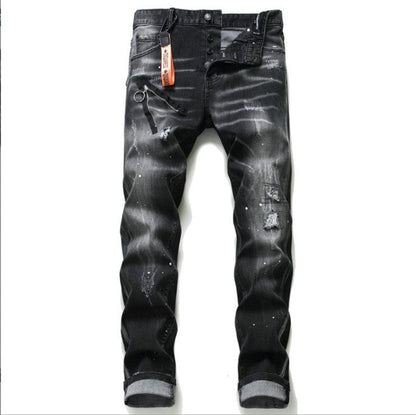 Black And Gray Paint Hole Zipper Decorations Personality Jeans Men