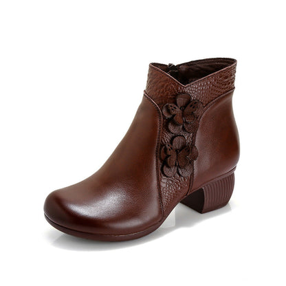 Soft Surface Cattlehide Leather Fashion Medium Chunky Heel Flower Martin Boots - Convenient store