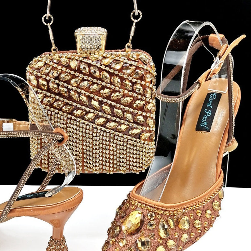 Large Rhinestone High Heel Sandals Three-dimensional Tassel Handbag Set - Convenient store