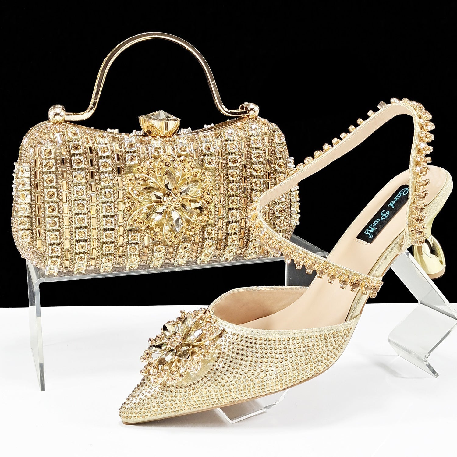 Sexy Women's Shoes And Bags Suit Drill Buckle Flower Decorative Ankle Drill Chain With Hard Clutch - Convenient store