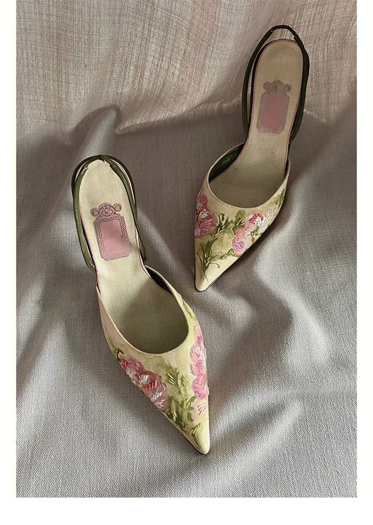 Vintage Pointed Embroidered High Heels - Convenient store