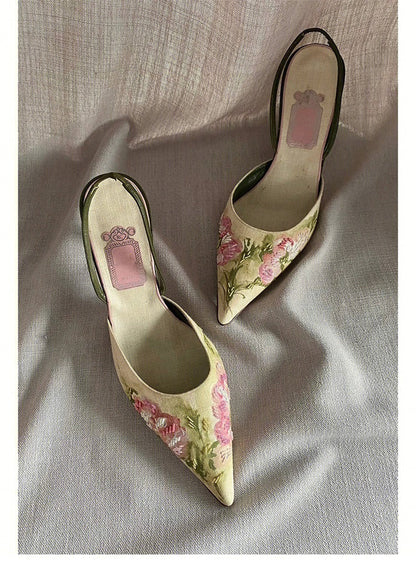 Vintage Pointed Embroidered High Heels - Convenient store