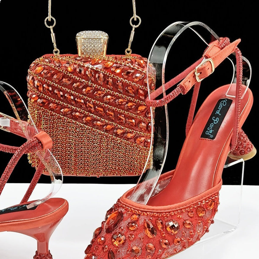 Large Rhinestone High Heel Sandals Three-dimensional Tassel Handbag Set - Convenient store