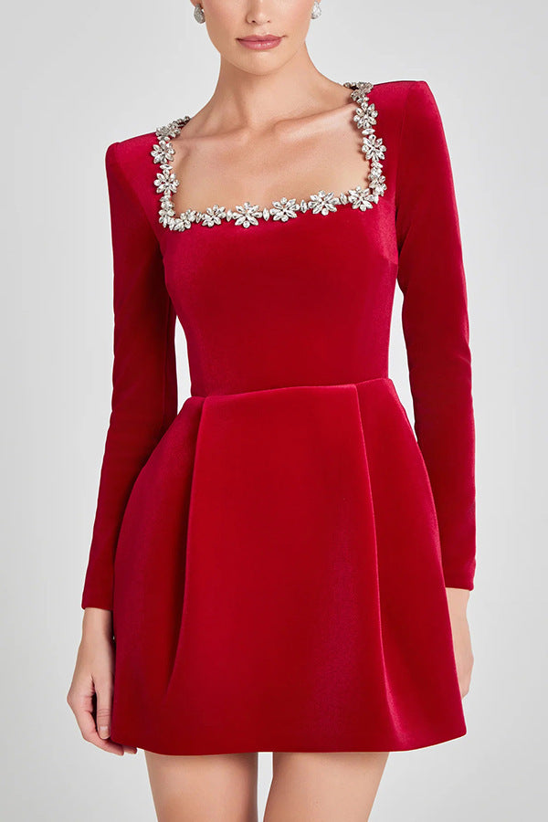 Elegant Square Neck Long-sleeved Dress With Flowers