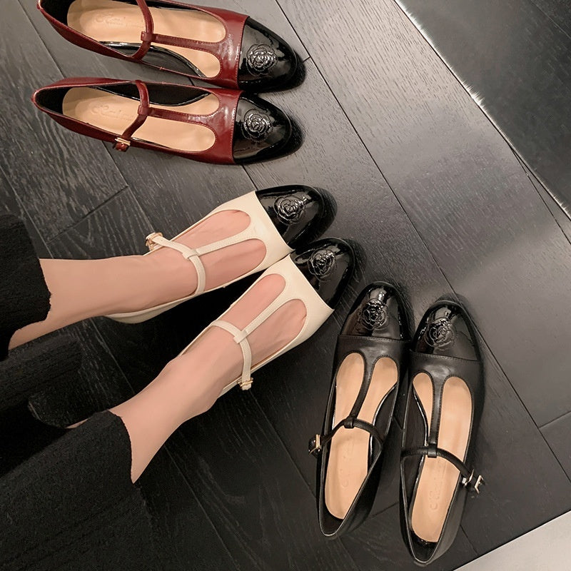 Round Toe Mary Jane Shoes Women's Shallow Mouth Pumps Camellia Chunky Heel - Convenient store