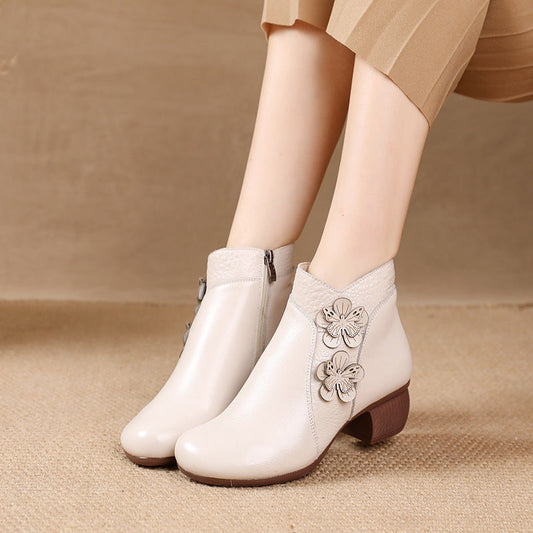 Soft Surface Cattlehide Leather Fashion Medium Chunky Heel Flower Martin Boots - Convenient store