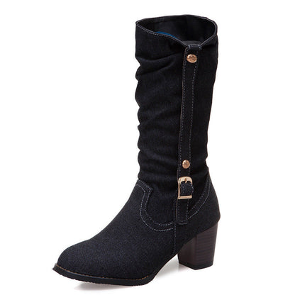Middle Denim Women's High Heels High Boots - Convenient store