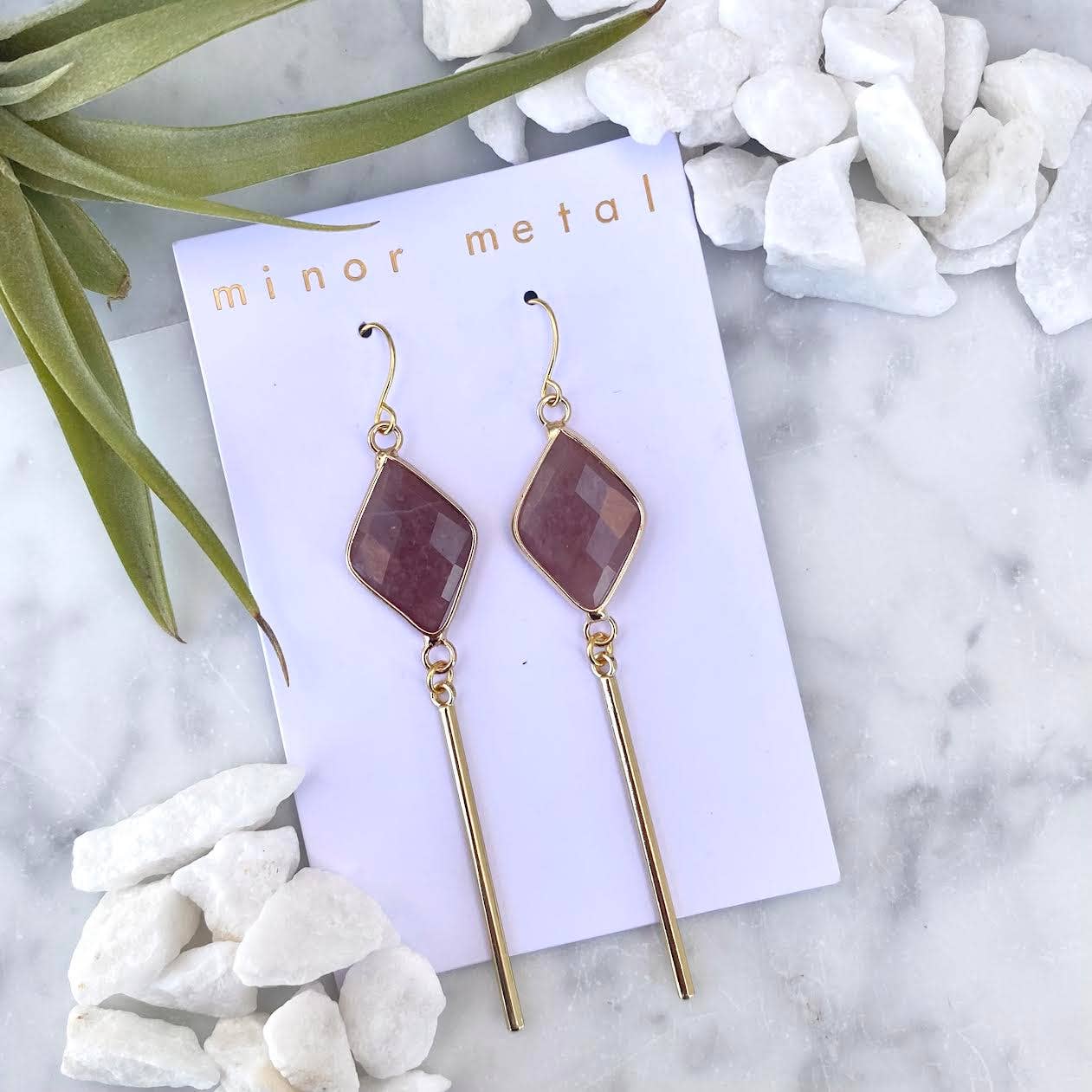 Rose Quartz Diamond Bar Earrings