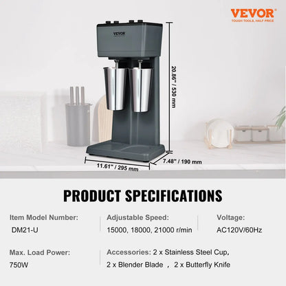 VEVOR Milkshake Maker, 375W X 2 Electric Milkshake Machine, Double Heads Drink Mixer Blender Machine, 3-Speed Milkshake Mixer With 2 X 820 Ml Stainless Steel Cups, For Commercial And Home Convenient store