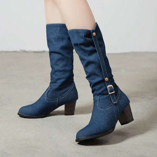 Middle Denim Women's High Heels High Boots - Convenient store