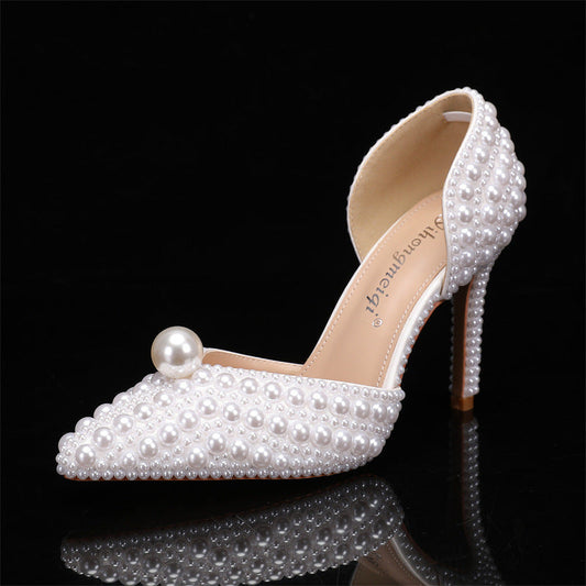 Women's Low-cut Pointed-toe Stilettos Pearl Wedding Shoes - Convenient store