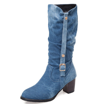 Middle Denim Women's High Heels High Boots - Convenient store