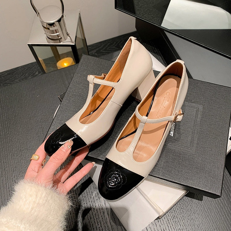 Round Toe Mary Jane Shoes Women's Shallow Mouth Pumps Camellia Chunky Heel - Convenient store