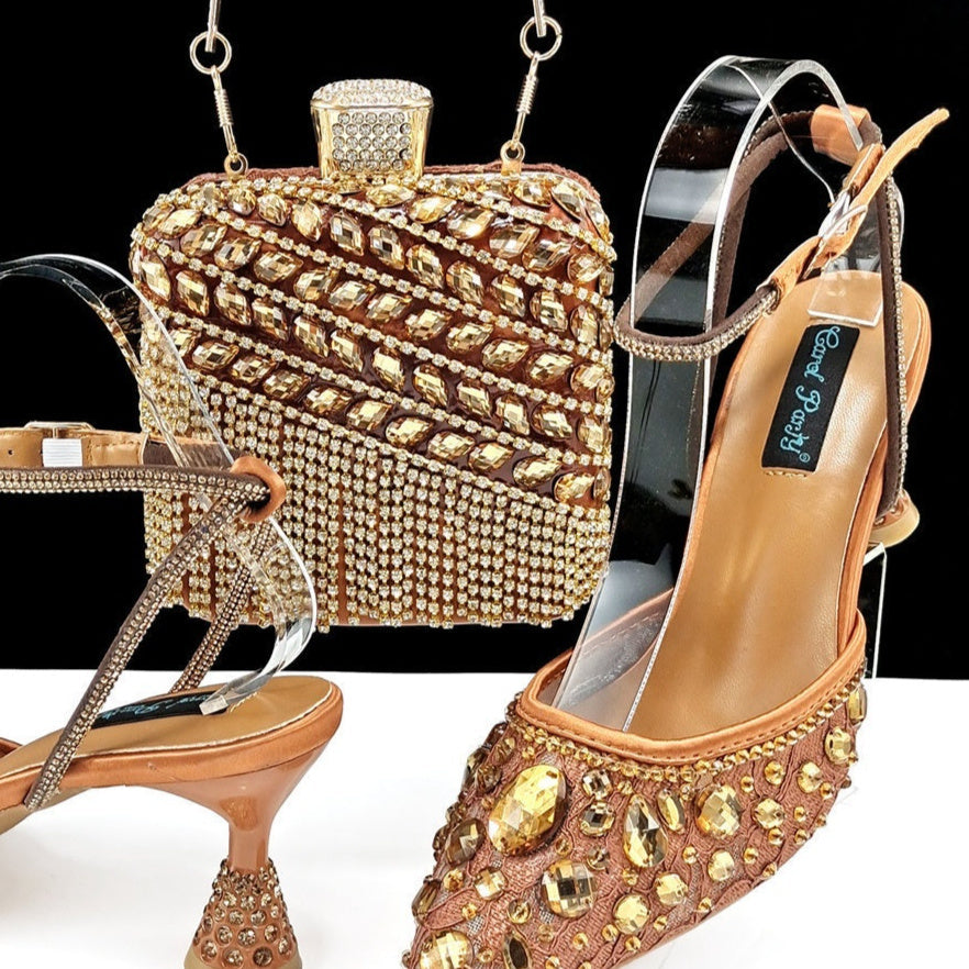 Large Rhinestone High Heel Sandals Three-dimensional Tassel Handbag Set - Convenient store