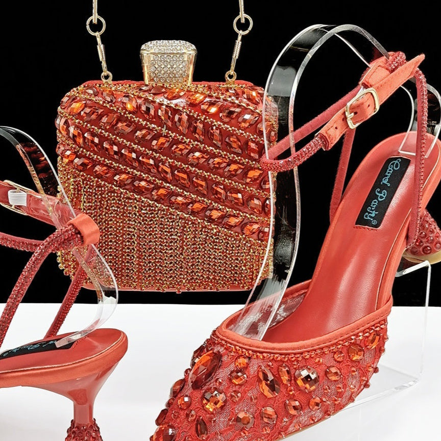 Large Rhinestone High Heel Sandals Three-dimensional Tassel Handbag Set - Convenient store