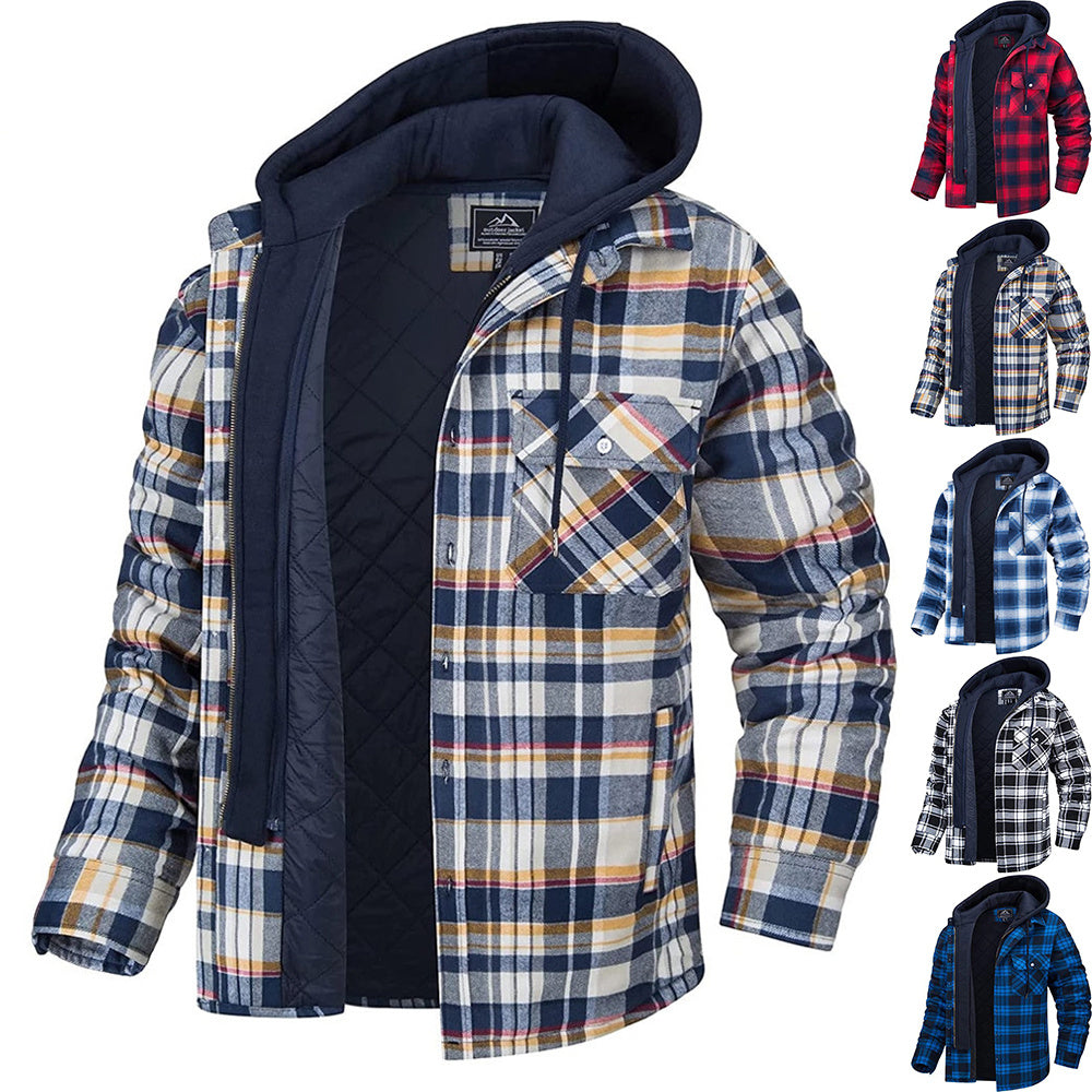 Casual Thick Padded Men's Plaid Hooded Jacket