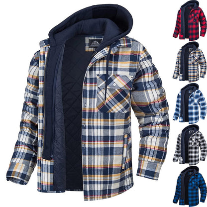Casual Thick Padded Men's Plaid Hooded Jacket