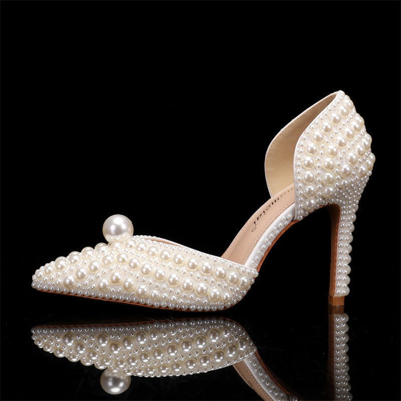 Women's Low-cut Pointed-toe Stilettos Pearl Wedding Shoes - Convenient store