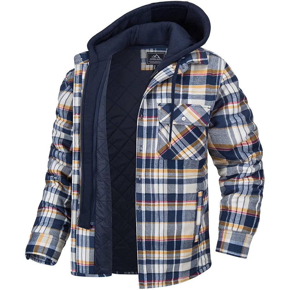 Casual Thick Padded Men's Plaid Hooded Jacket